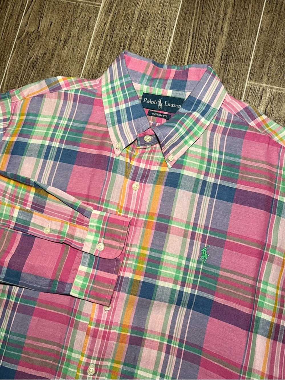 Ralph Lauren Custom Fit Linen Blend Plaid Long Sleeve Button Shirt Men’s XL
